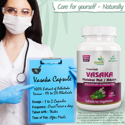 Ayushya Vasaka Capsules (Malabar Nut, Adulsa) Respiratory Comfort Support - Vegan, Gluten Free, Non-GMO, 60 Capsules