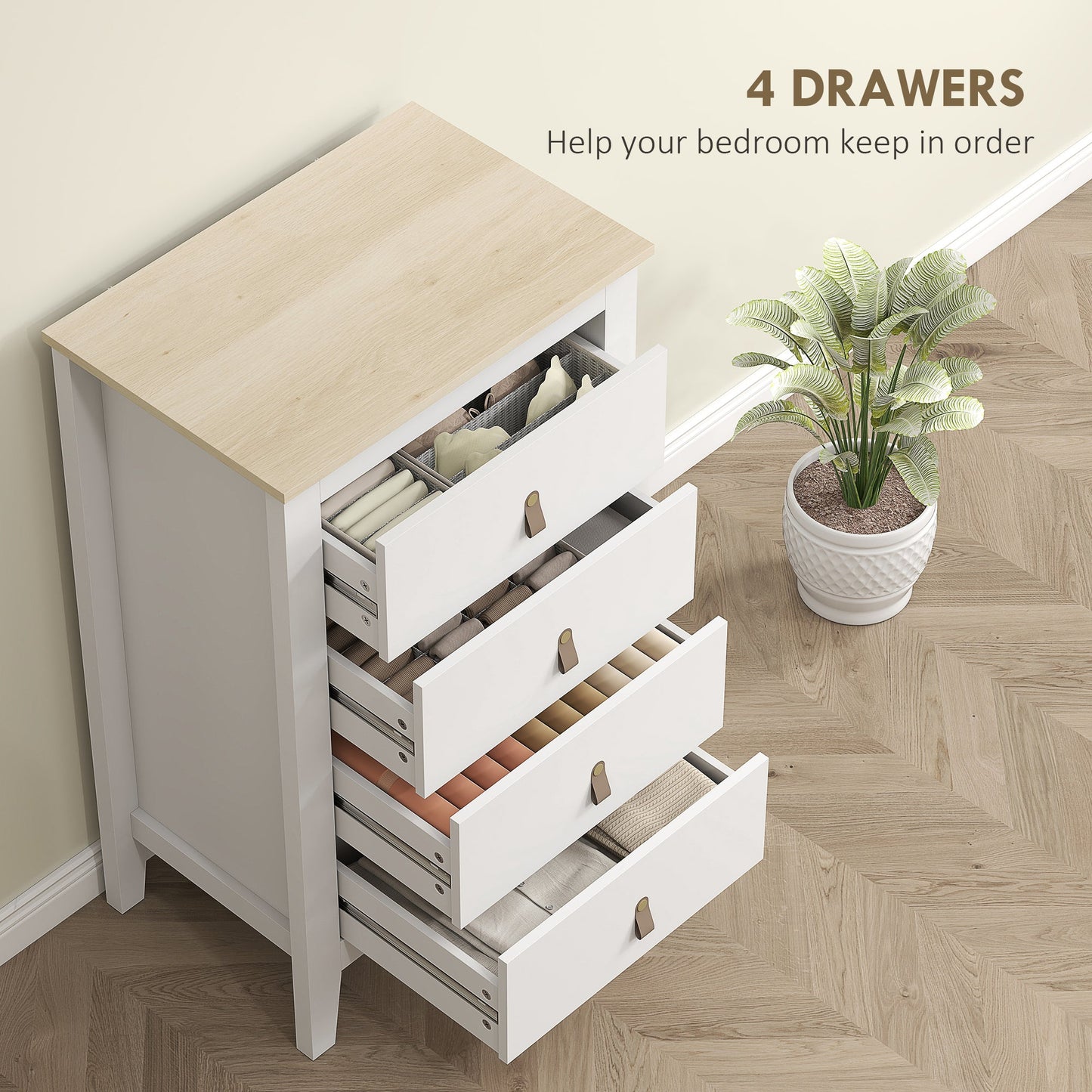 HOMCOM Bedroom Chest of Drawers, Modern 4 Drawer Dresser Cabinet with PU Leather Handles and Metal Runners for Living Room, Hallway, Entryway, White