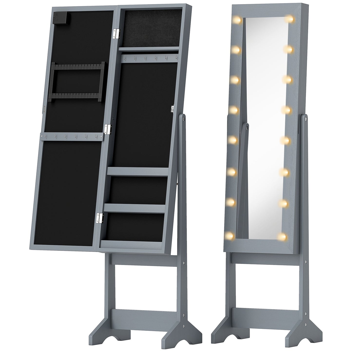 HOMCOM Free Standing Mirror Jewelry Cabinet with LED Lights, Jewellery Organiser with 3 Angle Adjustable, Full-Length Mirror with Storage for Earrings, Necklaces, Rings and Lipsticks, Grey