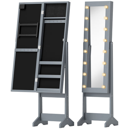 HOMCOM Free Standing Mirror Jewelry Cabinet with LED Lights, Jewellery Organiser with 3 Angle Adjustable, Full-Length Mirror with Storage for Earrings, Necklaces, Rings and Lipsticks, Grey