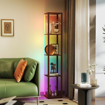 HOMCOM RGB LED Floor Lamp with Shelves, Modern Dimmable Standing Lamp with Remote Control, Adjustable Brightness & Speed for Living Room, Bedroom, Office, Brown