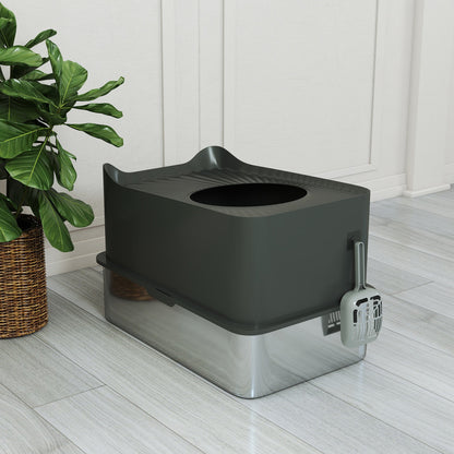 PawHut Stainless Steel Cat Litter Tray, Extra Large Enclosed Litter Box with Scoop, Top Entrance, Non-slip Pads, Dark Grey