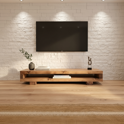 VIOT Low Solid Wood Chunky TV Unit Dark Oak Colour