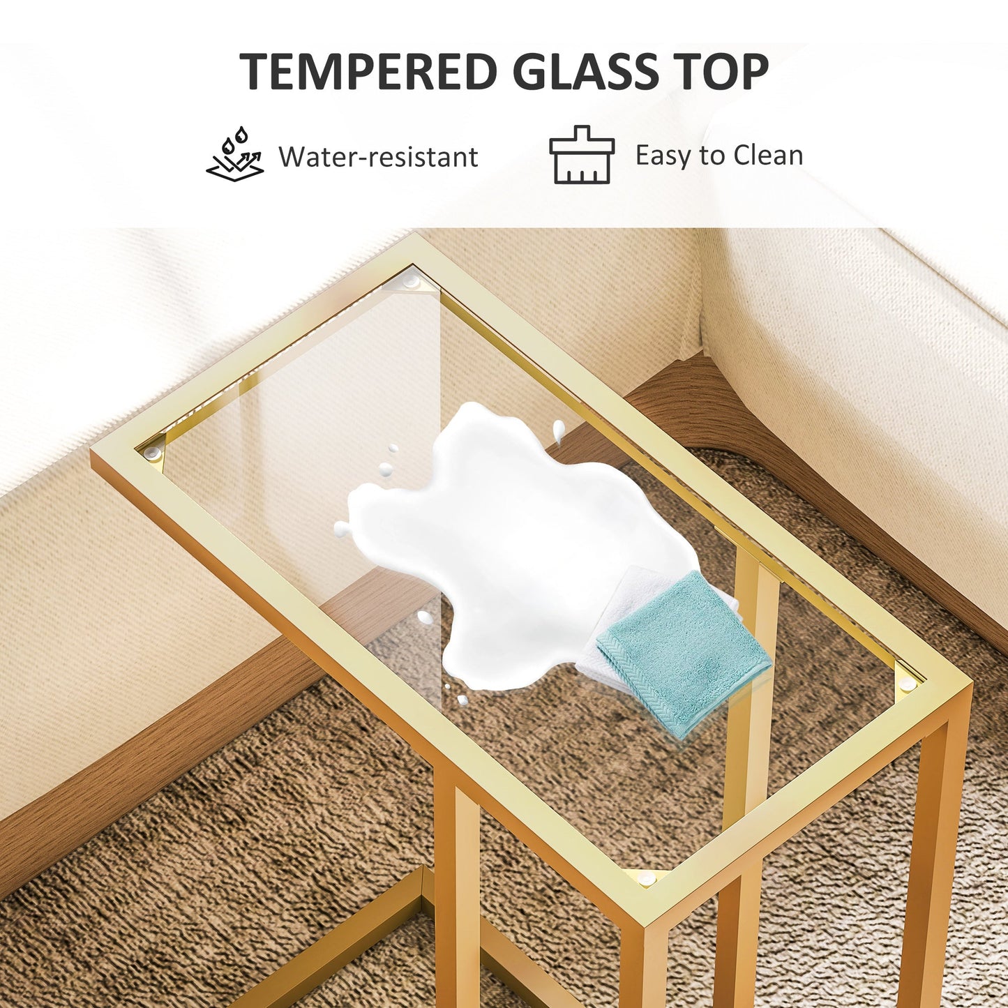HOMCOM C-Shaped Side Table, Modern Slim End Table with Tempered Glass Tabletop, Steel Frame for Small Space, Living Room, Bedroom, Gold Tone