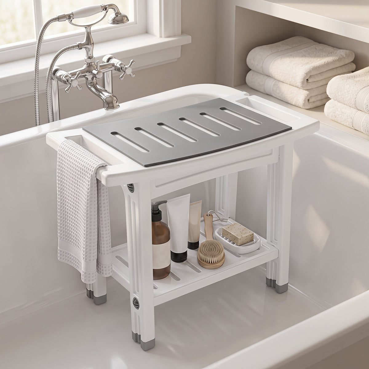 HOMCOM Shower Bench 2-Tier Shower Stool Bathroom with Shelf White and Grey