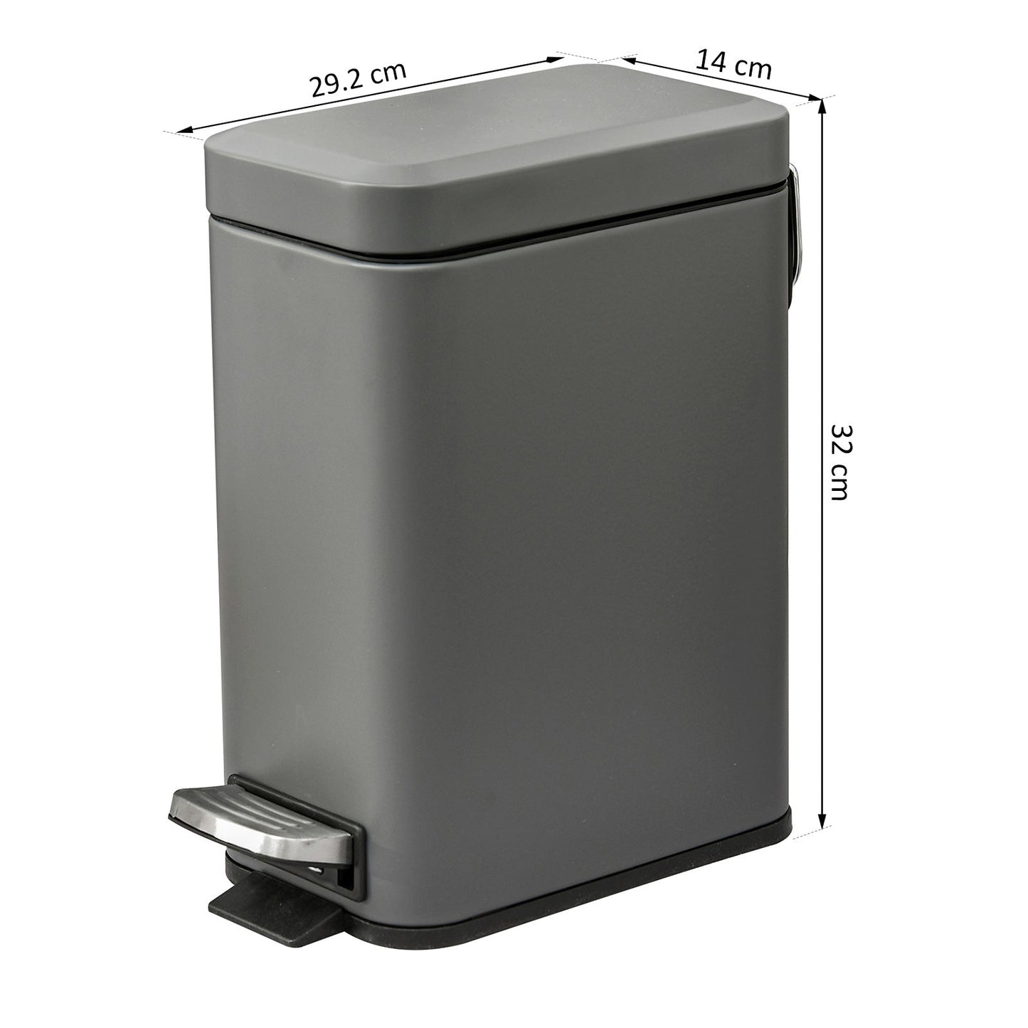 HOMCOM 5L Rectangular Compact Bin Steel Body Removable Bucket Quiet-Close Lid w/ Pedal Lid Rubbish Trash Can Home Office Bedroom Bathroom Living Room Garbage Tidy Clean Grey