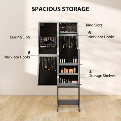 HOMCOM Free Standing Mirror Jewelry Cabinet with LED Lights, Jewellery Organiser with 3 Angle Adjustable, Full-Length Mirror with Storage for Earrings, Necklaces, Rings and Lipsticks, Grey