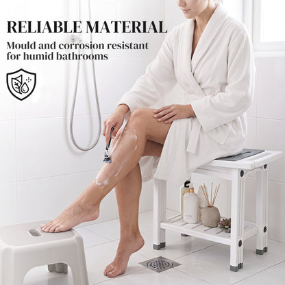 HOMCOM Shower Bench 2-Tier Shower Stool Bathroom with Shelf White and Grey