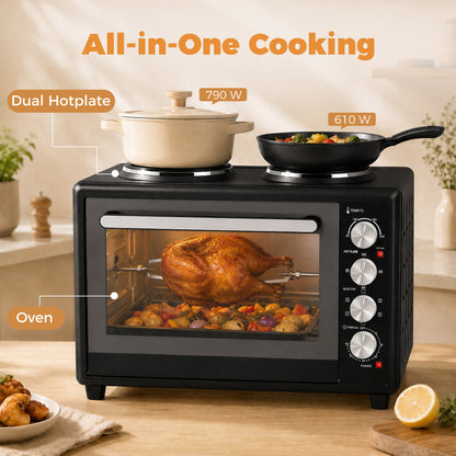 HOMCOM 46L Mini Oven with Dual Hot Plates, Electric Countertop Cooker with Convection, 90–230°C Adjustable Temperature