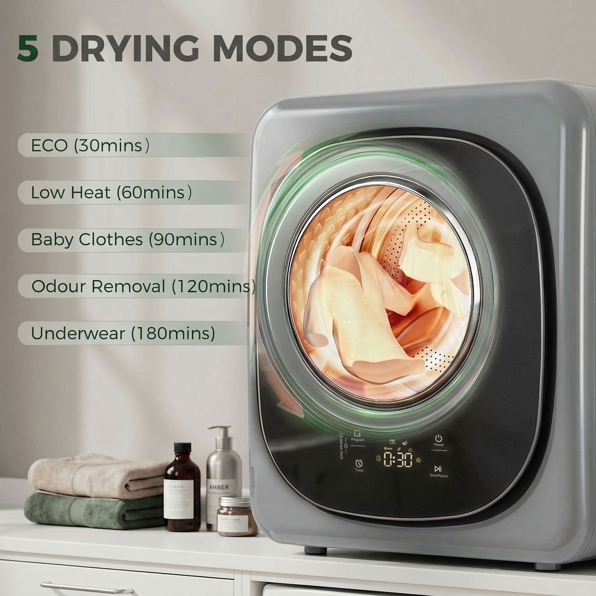 HOMCOM 4kg Vented Tumble Dryer with 5 Drying Mode, 800W Compact Freestanding Front Tumble Dryer, Silver