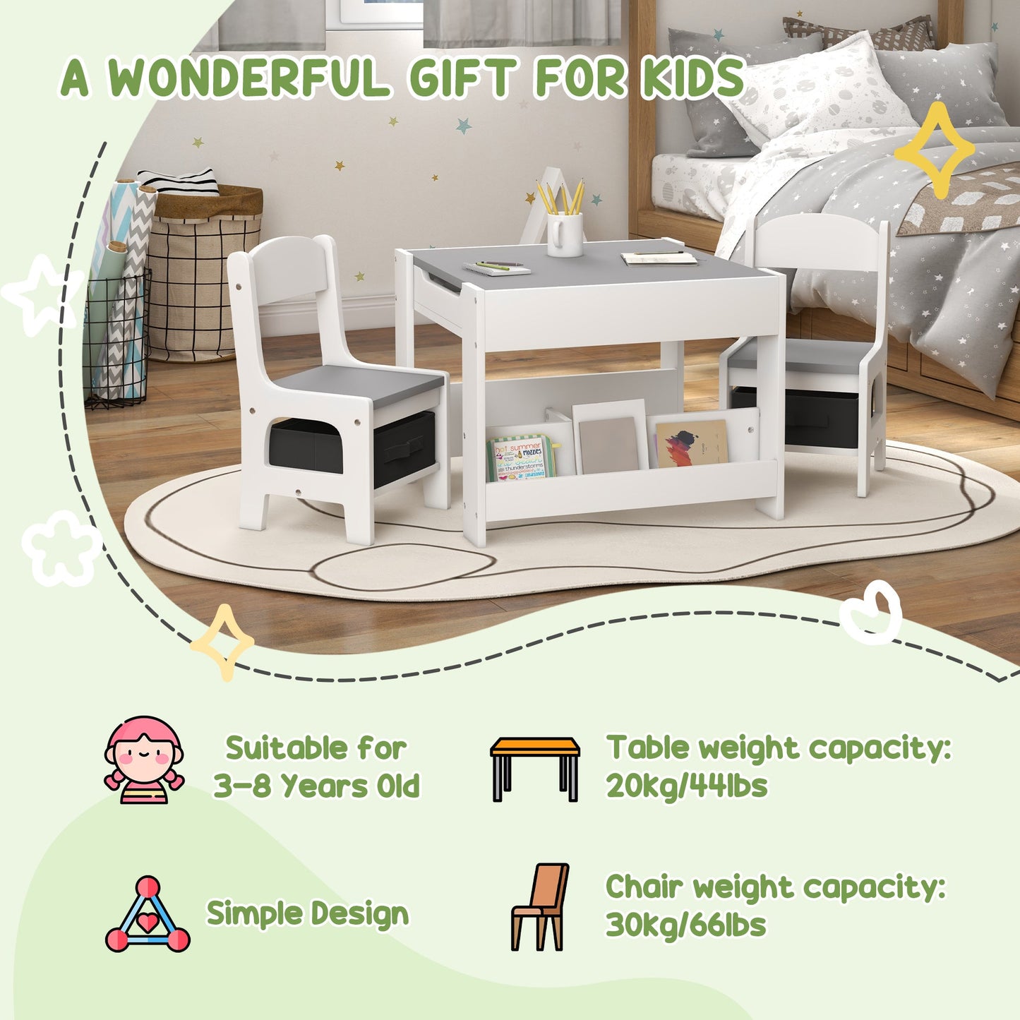 HOMCOM Three-Piece Kids Table and Chair Set with Blackboard, Storage, Bookshelves - Grey