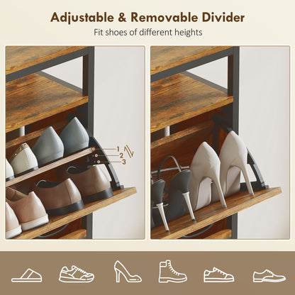 HOMCOM Shoe Storage Cabinet with 4 Flip Drawers and Open Shelf - Rustic Brown