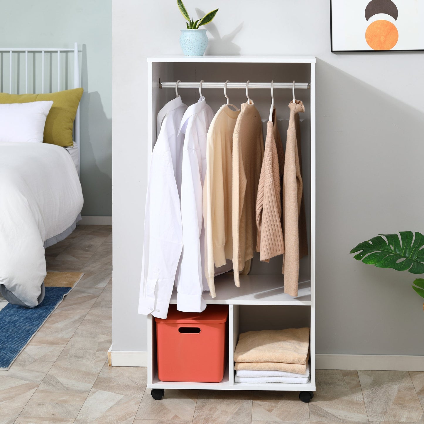 HOMCOM Open Wardrobe on Wheels, Bedroom Wardrobe with Clothes Hanging Rail, 2 Storage Shelves, Mobile Garment Rack for Cloakroom, Hallway, White