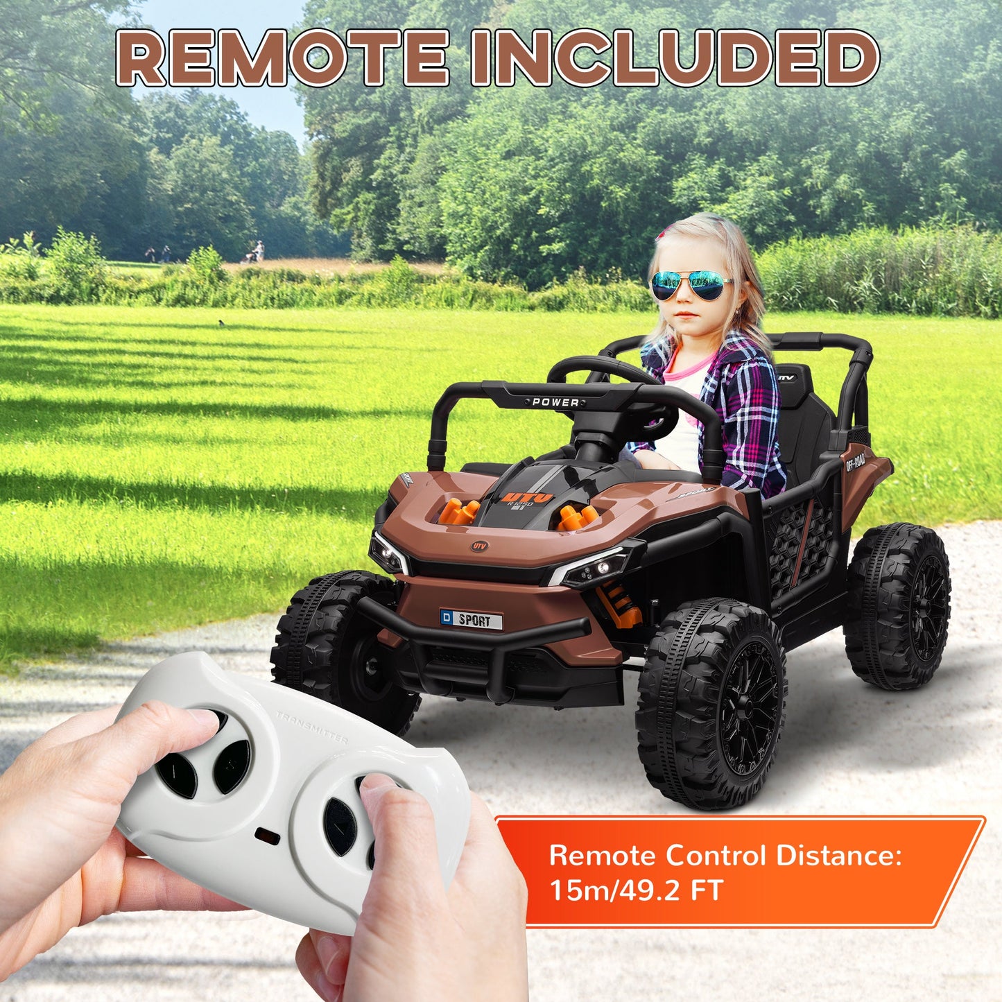 AIYAPLAY 12V Battery Powered Ride on Truck w/ Remote, Four Suspension Wheels, Horn, Lights, Music, USB, for Ages 3-5 Years, Brown