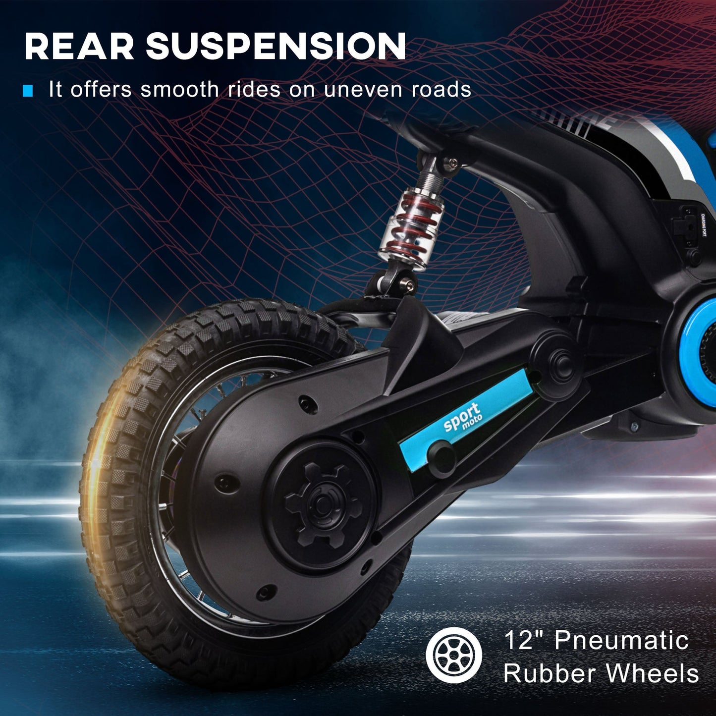 HOMCOM 24V Electric Motorbike with Twist Grip Throttle, Music, Horn, 12" Pneumatic Tyres, 16km/h Max Speed - Blue