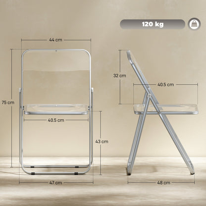 HOMCOM Foldable Chairs, Folding Chairs with Transparent Seat and Backrest, Heavy Duty Steel Frame, 47W x 48D x 75H cm, Clear
