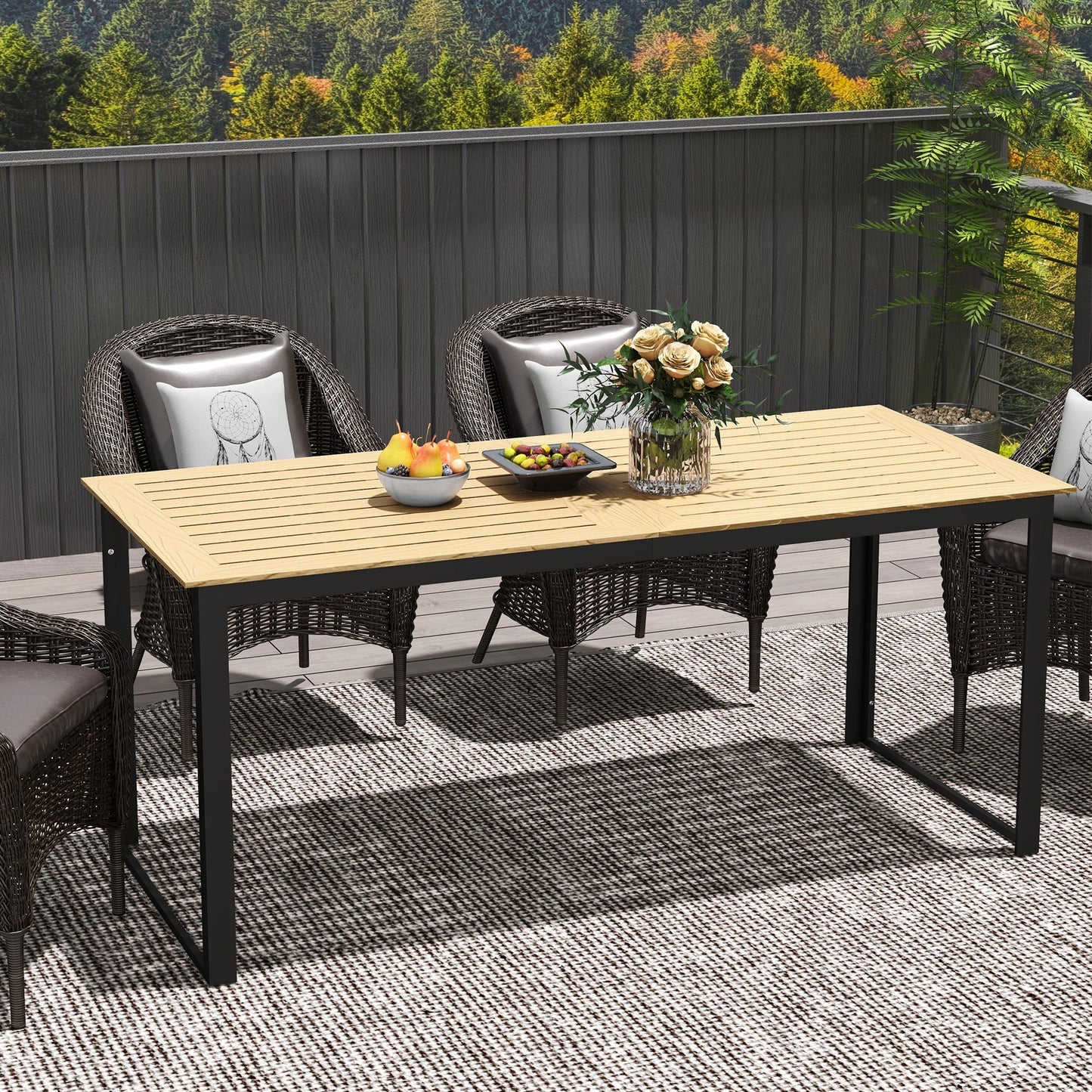Outsunny Garden Dining Table, 175 x 78 x 75 cm Rectangle Outdoor Table for 6 People with Slatted Table Top, Metal Frame, for Balcony, Deck, Teak
