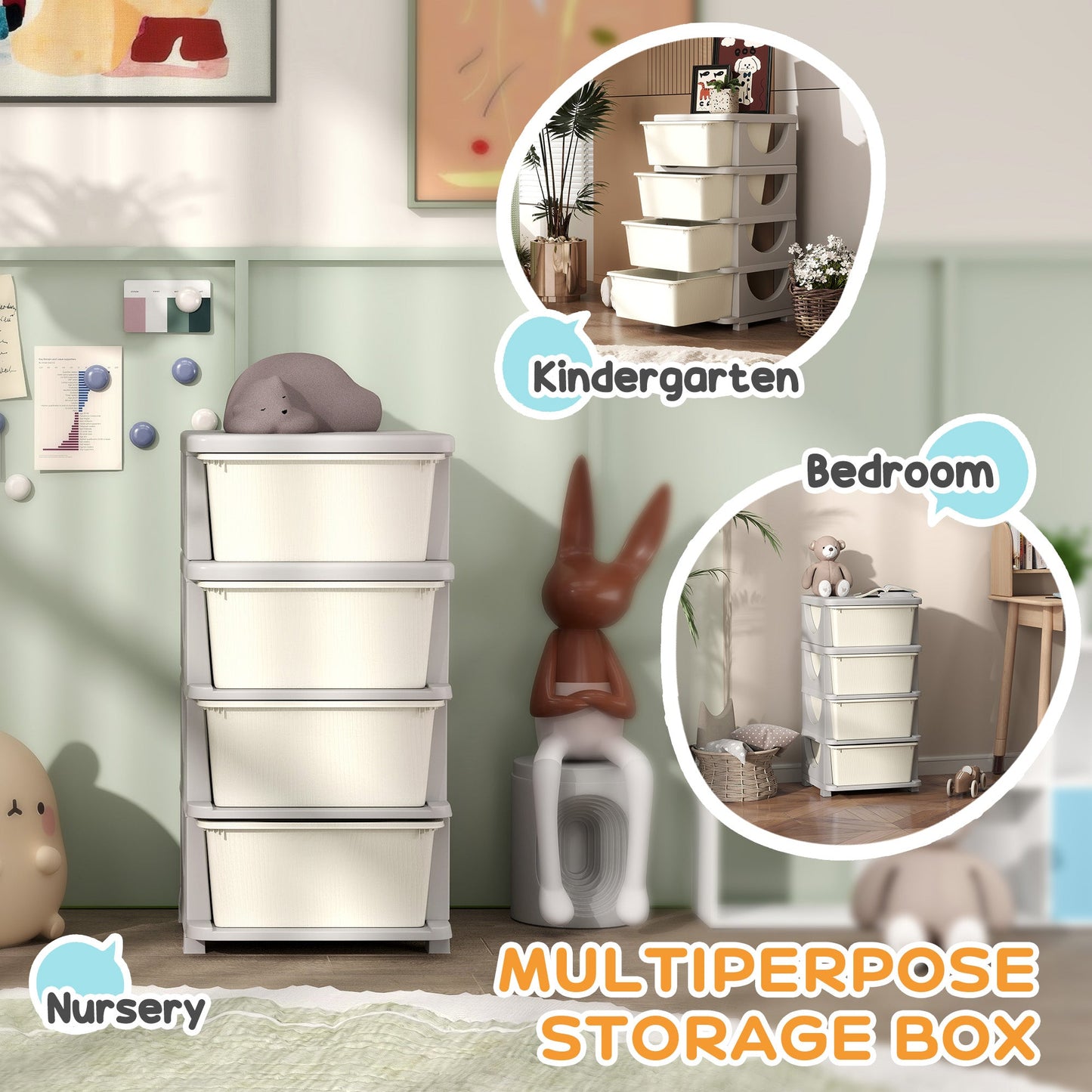 HOMCOM Four-Tier Kids Storage Boxes, with Four Drawers - White