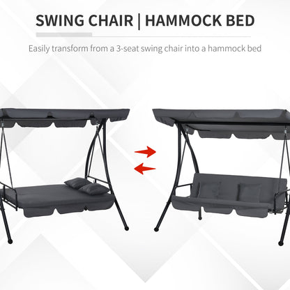 Outsunny Outdoor 2-in-1 Swing Chair Lounger 3 Seater Garden Swing Seat Bed Convertible Tilt Canopy W/ Cushion, Dark Grey