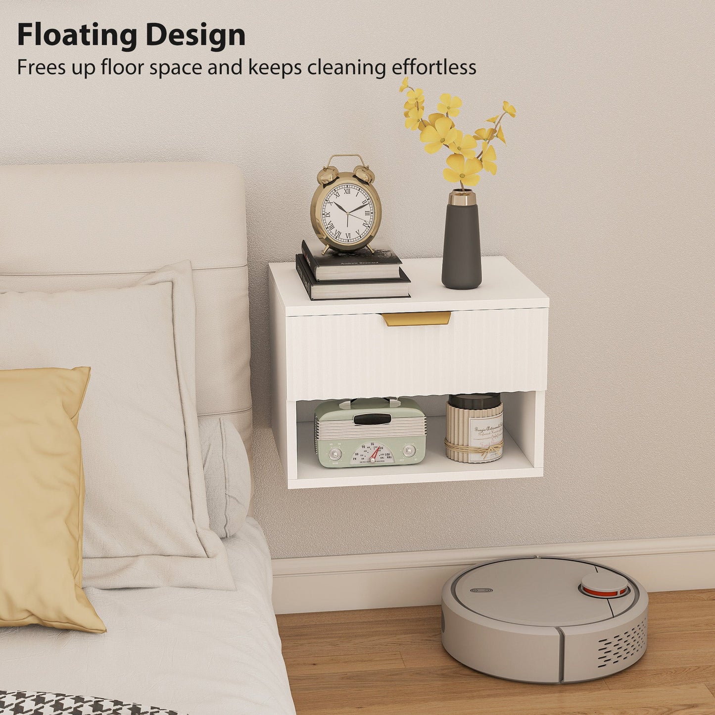 HOMCOM Floating Nightstands Set of 2, Modern Wall Mounted Bedside Tables with Fluted Drawer and Open Shelf for Bedroom, White