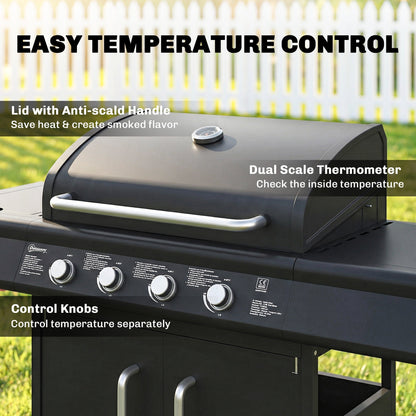 Outsunny 4+1 Burner Gas BBQ Grill with Storage Cabinet, 15.2 kW Gas Barbecue Trolley with Side Table, 4 Wheels, Warming Rack