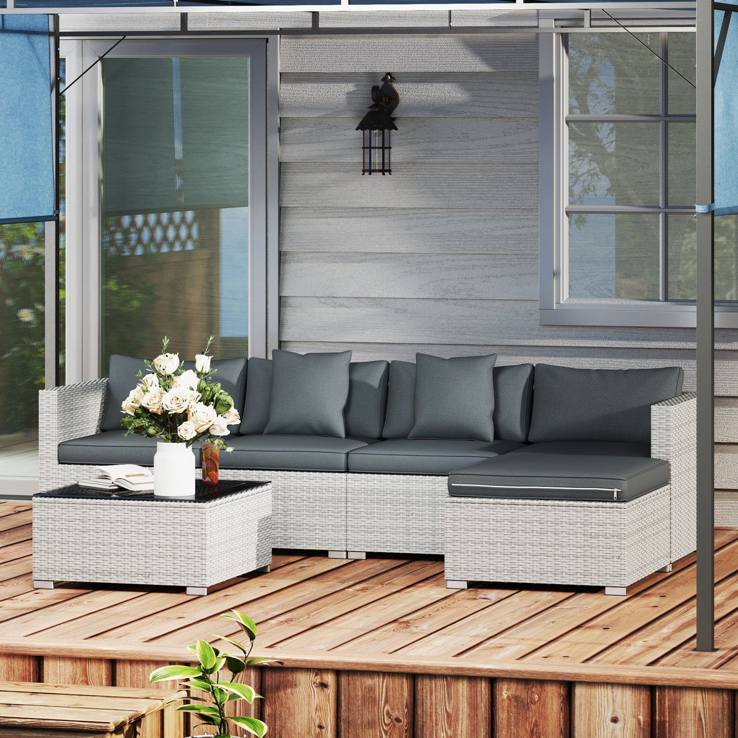 Outsunny 6 Pieces Rattan Corner Sofa Set - Mixed Grey