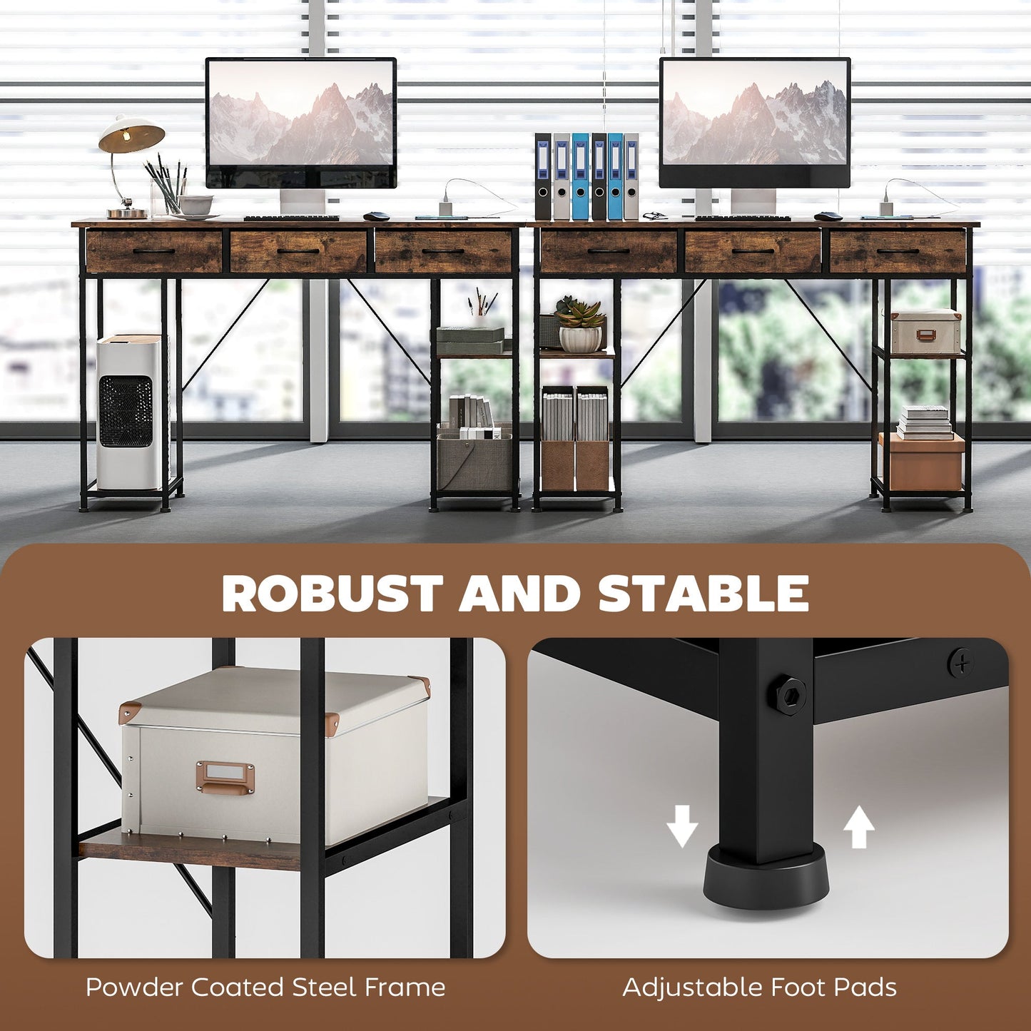 HOMCOM 120cm Computer Desk with Power Outlets, Office Desk Study Table with Fabric Drawers and Storage Shelves, Rustic Brown