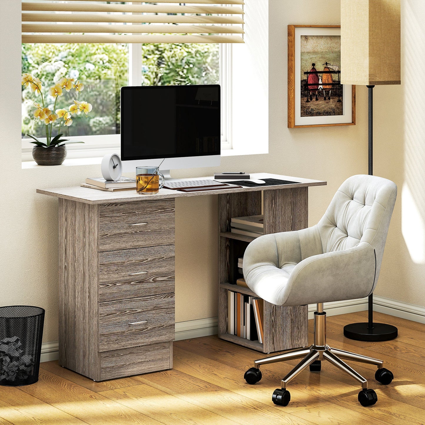HOMCOM Computer Desk, Writing Table, PC Workstation with 3 Storage Shelves and Drawers, Silver Handle, for Home Office, Grey