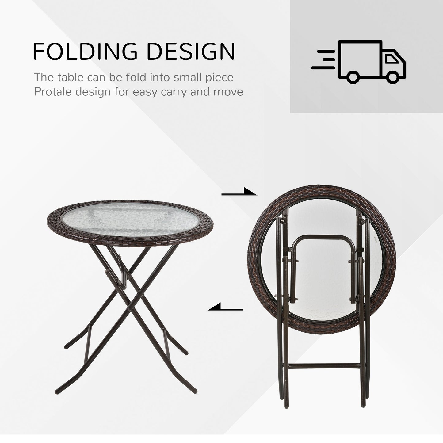Outsunny Folding Rattan Garden Dining Table, 68 cm Round Rattan Garden Table with Water Ripple Tempered Glass Top, Wicker Edging  and Steel Frame for Outdoor, Patio, Brown