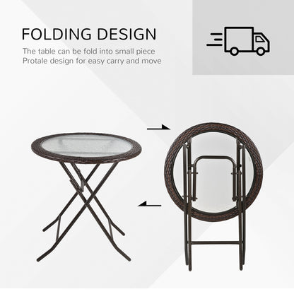 Outsunny Folding Rattan Garden Dining Table, 68 cm Round Rattan Garden Table with Water Ripple Tempered Glass Top, Wicker Edging  and Steel Frame for Outdoor, Patio, Brown