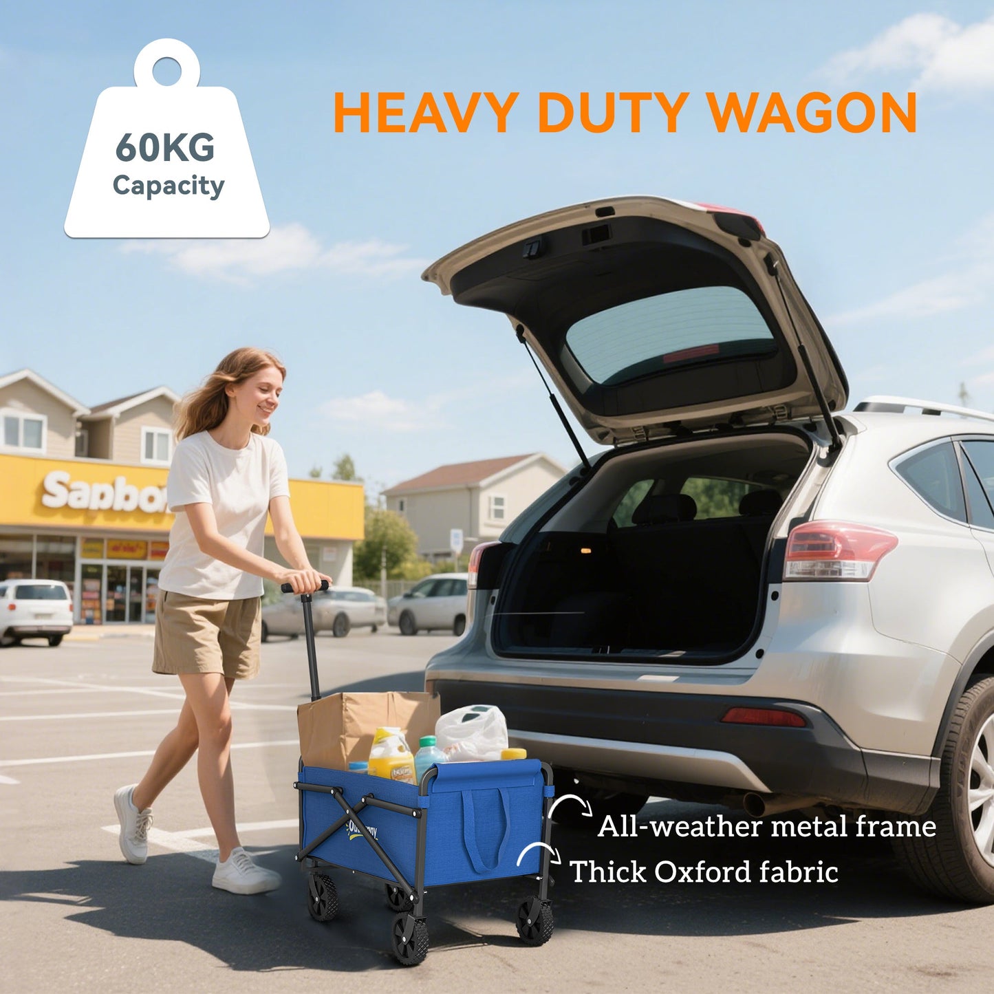 Outsunny 41L Festival Trolley on Wheels, Small Garden Folding Trolley Cart, 60kg Heavy Duty Collapsible Folding Wagon with Adjustable Handle and Carrying Bag for Beach, Camping, Festival, Blue