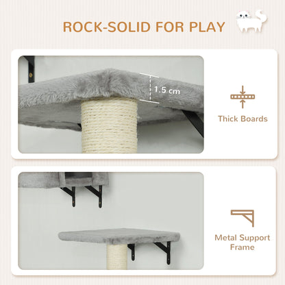 PawHut 6-Piece Cat Wall Shelves Set with Condo, Cat Wall Furniture with Platforms, Sisal Scratching Post, Bed, Toy Ball, Grey