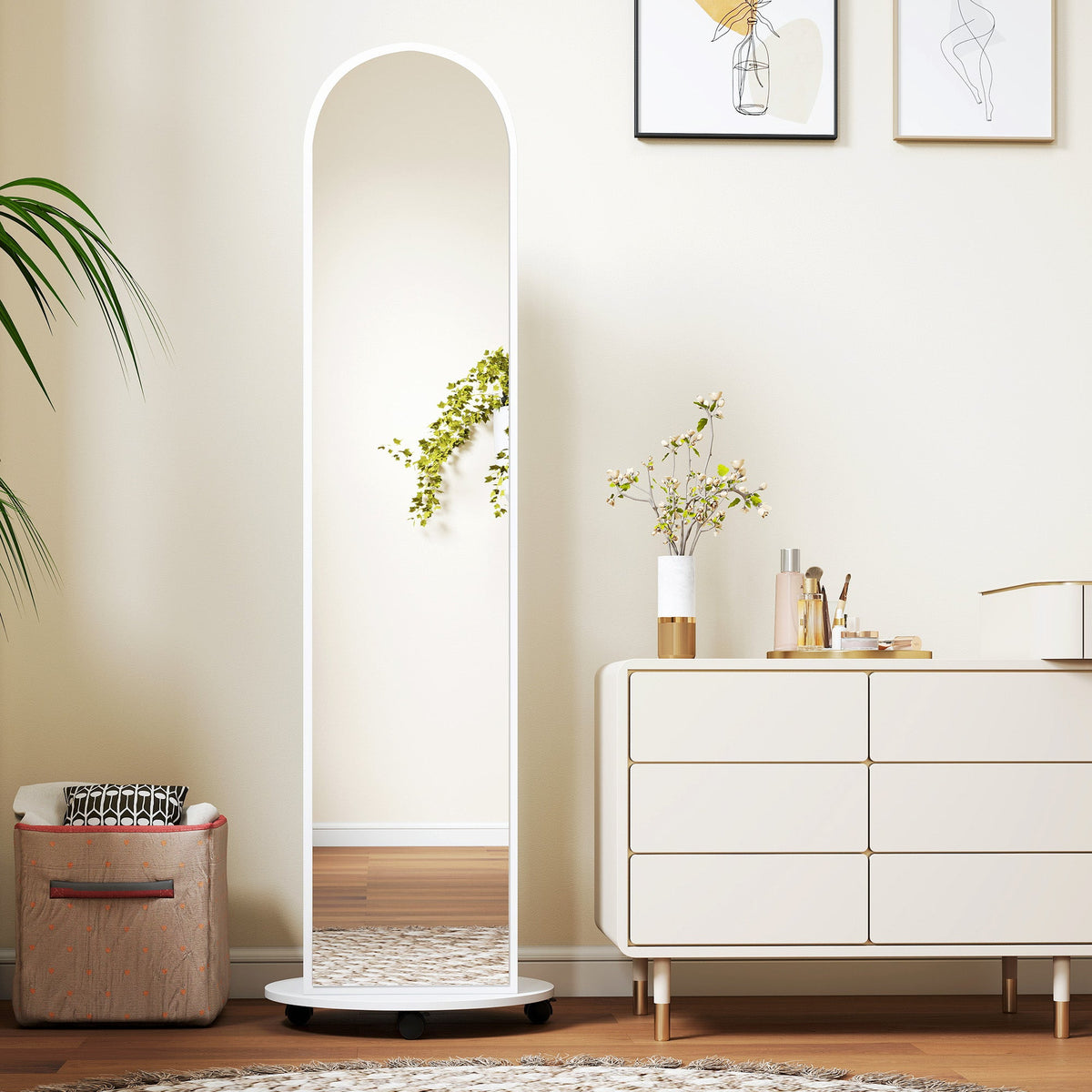 HOMCOM 2-in-1 Full Length Mirror with Storage Shelves, Floor Mirror with 4 Wheels, Coat Rack, Hooks, White
