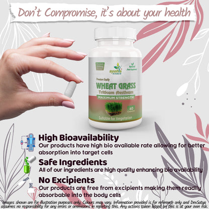 Ayushya Wheat Grass Capsules (Wheatgrass) Daily Greens & Antioxidant Support - Vegan, Gluten Free, Non-GMO, 60 Capsules