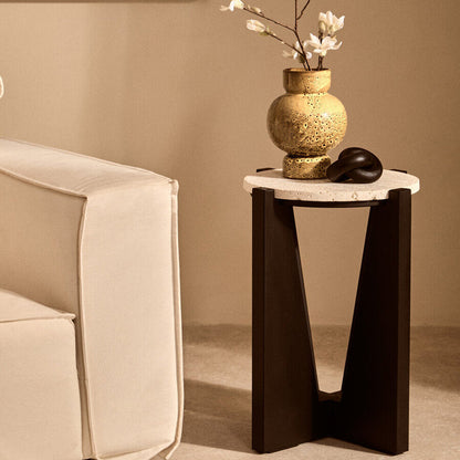Winton Travertine Top Side Table With Acacia Wood Frame