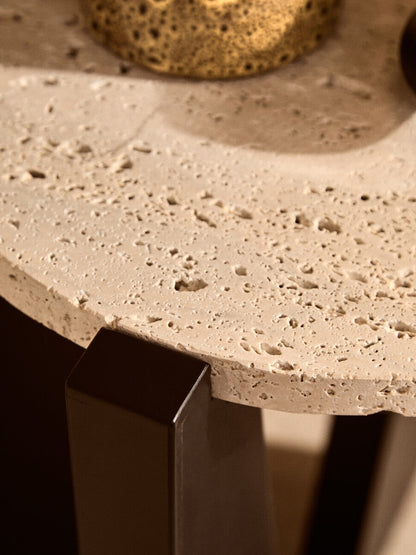 Winton Travertine Top Side Table With Acacia Wood Frame