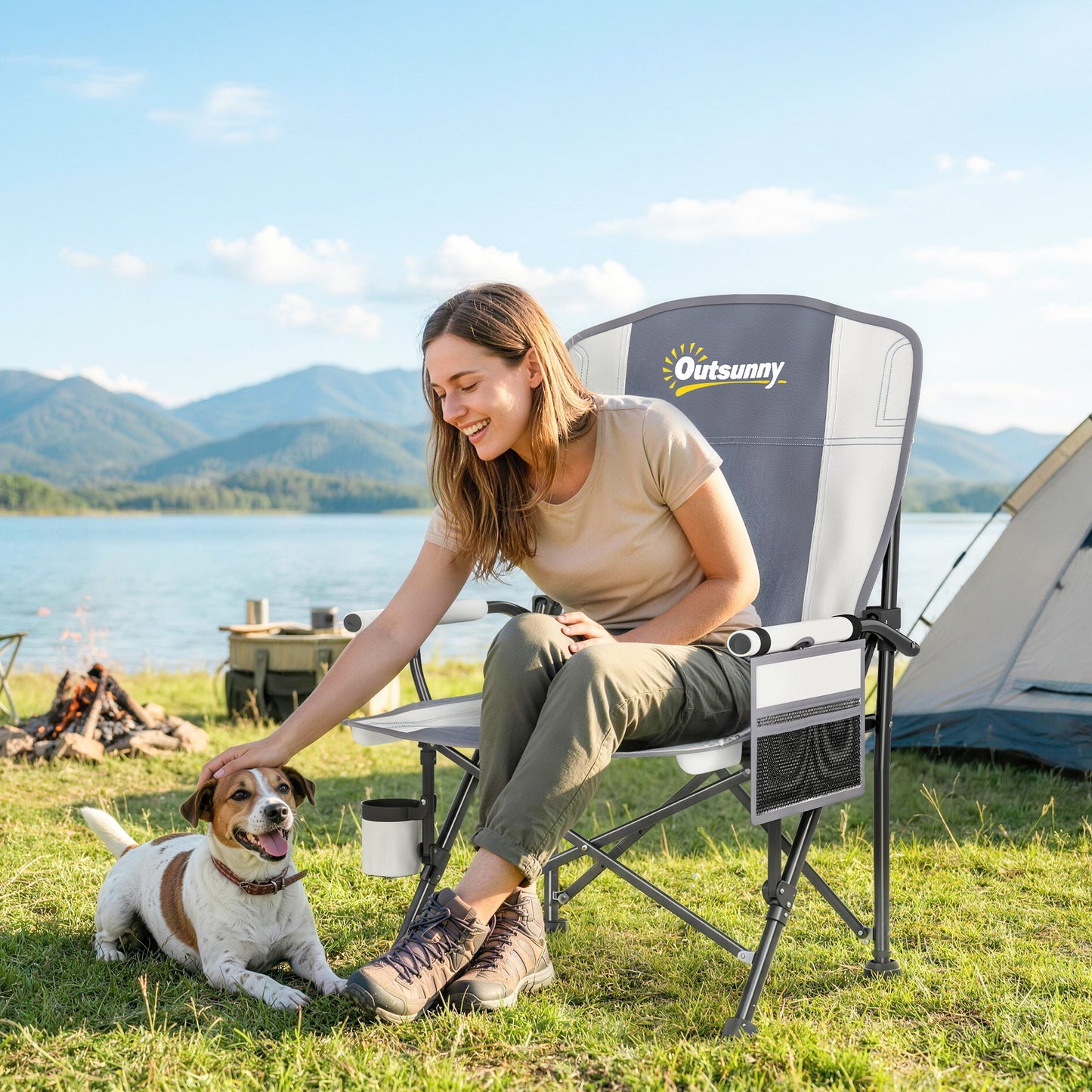 Outsunny Padded Camping Chair Adults Heavy Duty Folding Chair Side Pocket Cup Holder Carry Bag Outdoor Light Grey