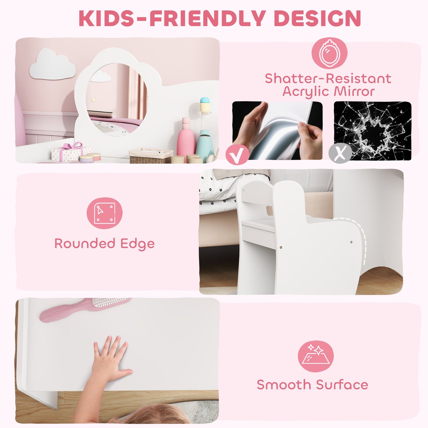 AIYAPLAY Kids Dressing Table with Mirror, Stool, Kids Vanity Table with Shelves, for Ages 3-8 Years, White