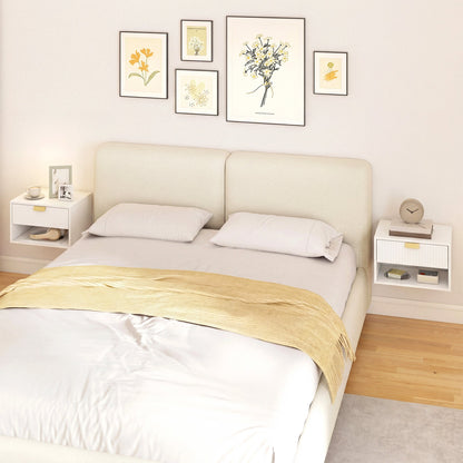 HOMCOM Set of 2 Wall Mounted Nightstands, Floating Bedside Tables with Fluted Drawer and Open Shelf for Small Bedroom, White