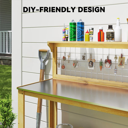 Outsunny Wooden Potting Bench Table with Aluminium Worktop, Outdoor Garden Workbench with 2 Shelves