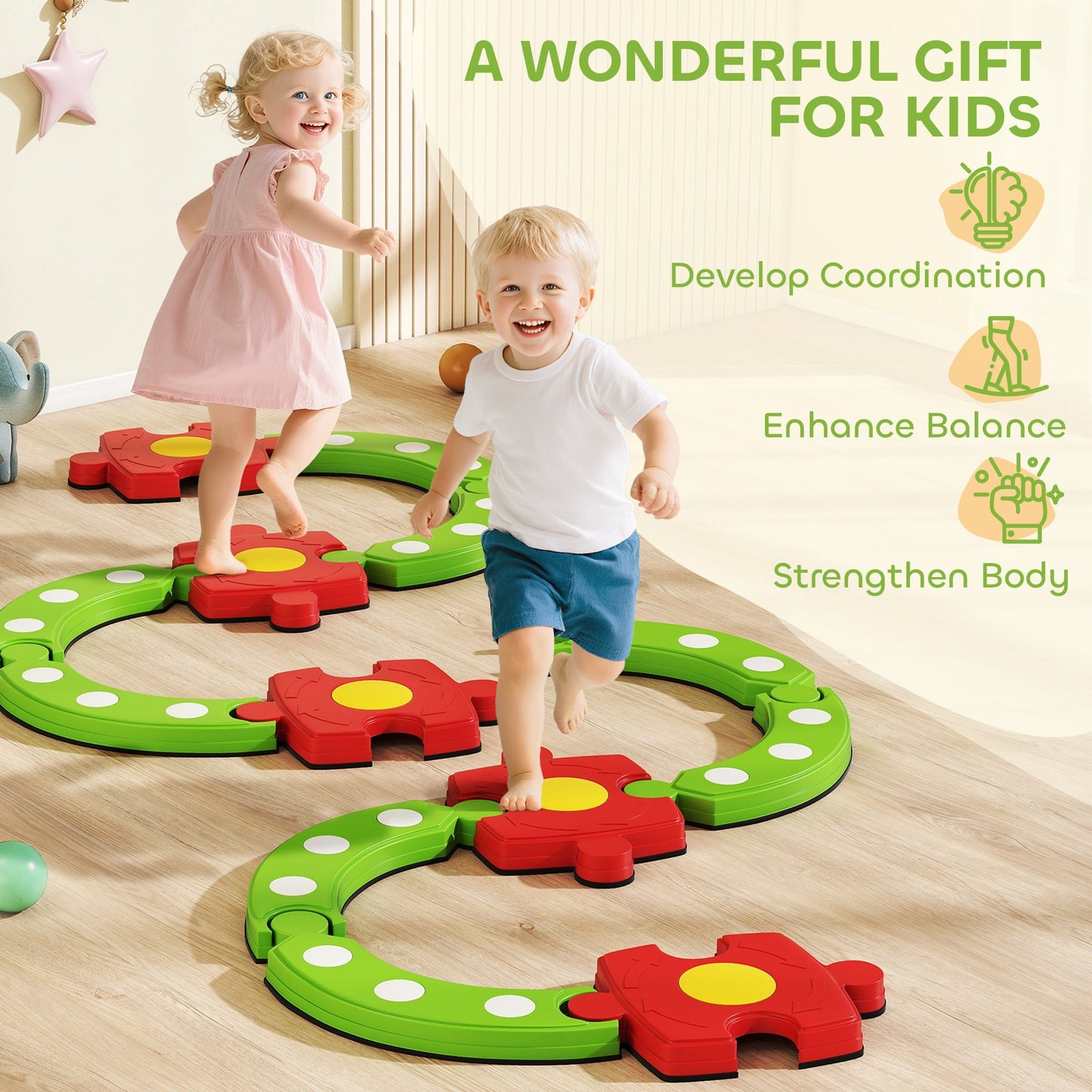 AIYAPLAY 13 PCS Kids Balance Beam Stepping Stones Set with Non-slip Textured Surface, Outdoor Indoor for Toddlers, Green