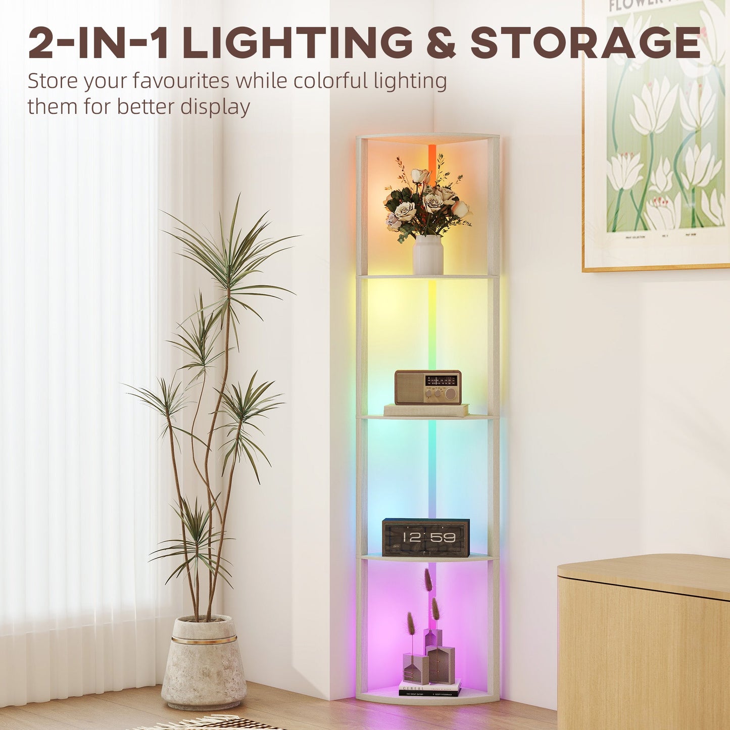 HOMCOM RGB LED Floor Lamp with Shelves, 5-Tier Dimmable Standing Lamp with Adjustable Brightness and Remote Control, Modern Corner Display Shelf Unit for Living Room Bedroom Office, Oak