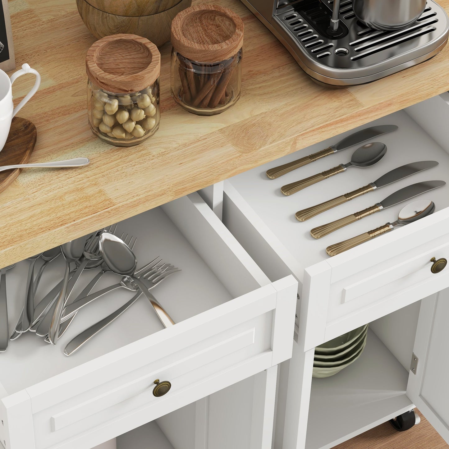 HOMCOM Rolling Kitchen Island Storage Trolley with Rubber Wood Top & Drawers for Dining Room, Cream White