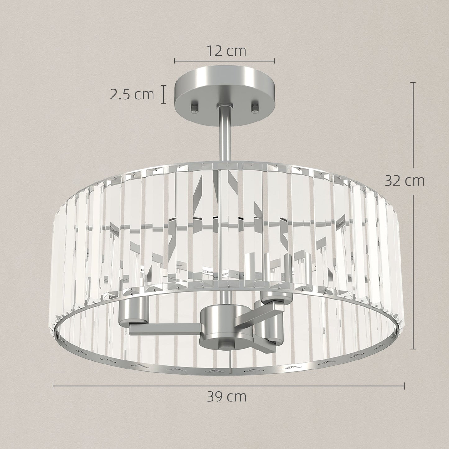 HOMCOM Crystal Ceiling Light Fixture, Semi Flush Mount Modern Crystal Chandelier Ceiling Light for Living Room, Bedroom, Hallway,  Dining Room, E14 Base 3-Lights, Silver Tone