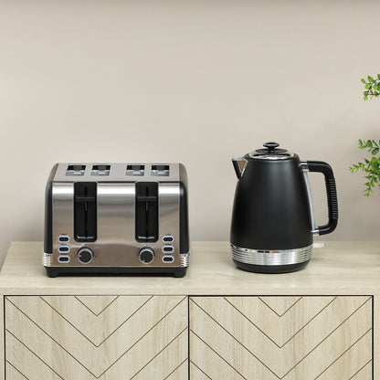 HOMCOM Stainless Steel Kettle and Toaster Set, 1.7L 3000W Rapid Boil Jug Kettle with UK Strix Thermostat, Limescale Filter, 4 Slice Toaster with 7 Browning Controls, Crumb Tray, Black and Silver Tone