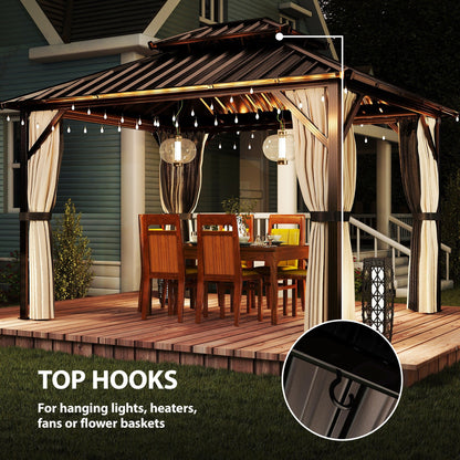 Outsunny 3x3 m Hardtop Gazebo Canopy with UPF50+ Double Galvanised Steel Roof, Aluminium Garden Gazebo Permanent Pavilion, Brown