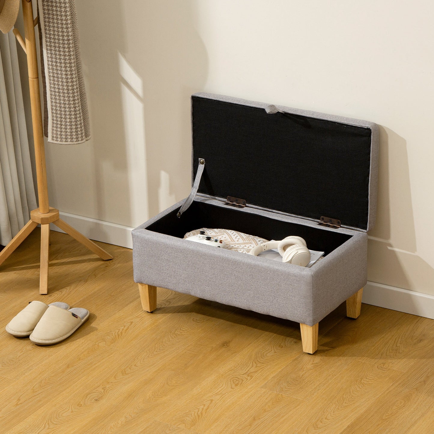 HOMCOM 30L Linen Storage Ottoman Padded Footstool with Rubberwood Legs for Storage Box, Bed End, Shoe Bench, Seating, Light Grey