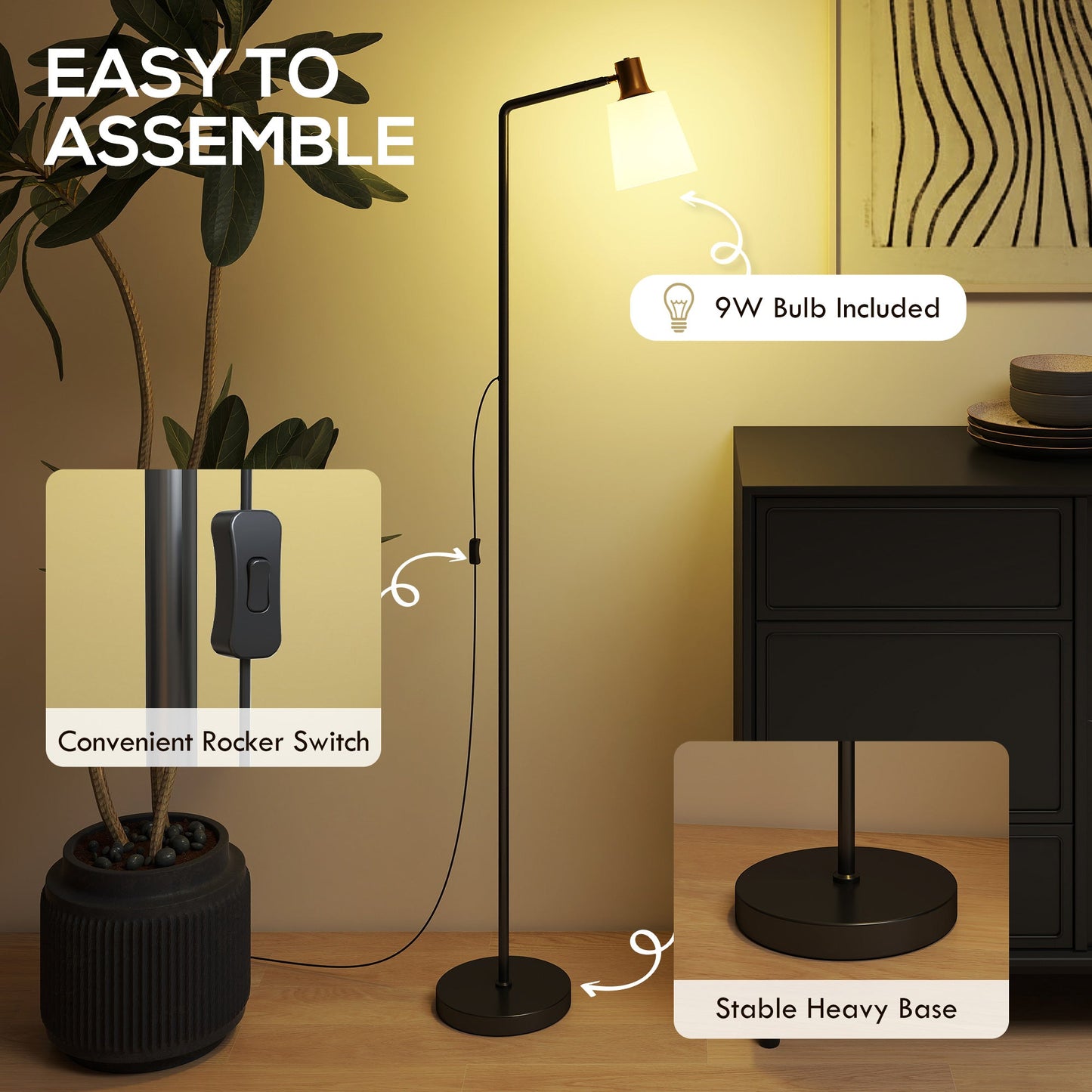 HOMCOM Floor Lamp with 350° Rotatable Head, Modern Standing Lamp with 3000K/4000K/6500K Colour Temperatures for Living Room Bedroom Office, Black