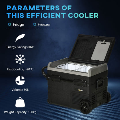 Outsunny 50L Car Refrigerator, Portable Compressor Cooler Box, Fridge Freezer w/ Inner LED Light, Foldable Handles, Cup Holders, 12/24V DC and 110-240V AC for Campervan RV Boat Travel Down to -20\'e2\'84\'83