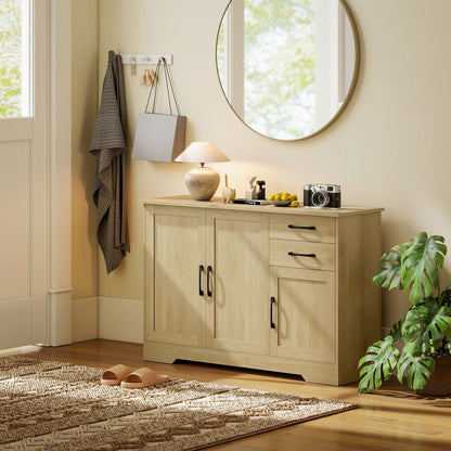 HOMCOM Sideboard with 2 Drawers Modern Storage Cabinet, Kitchen Cupboard with Adjustable Shelf and 3 Doors Natural